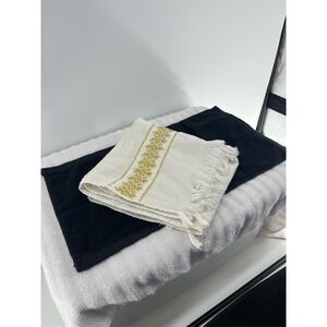 Vintage Cream Cotton Towel Gold Floral Embroidered Fringe Trim Retro Decor